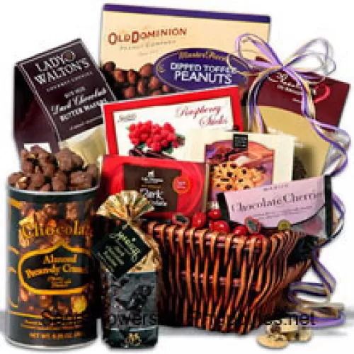 Women's Day Gift Basket Having Chocolate Almond Pecan-dy Crunch, Dark Chocolate Signature Bar, Dark Rasp Sticks, Dipped Toffee Peanuts, Dark Chocolate Butter Wafers, Dark Chocolate Raisins, Chocolate Chunk Shortbread Cookies, Milk Chocolate Almond Butter Crunch And Chocolate Covered Cherries  (Please Note That We Reserve The Right To Substitute Any Product With A Suitable Product Of Equal Value In Case Of Non-Availability Of A Certain Product)