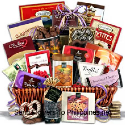 Women's Day Gift Basket having fantasy truffles, triple chocolate bliss cookies, chocolate almond pecan crunch, chocolate covered cherries, a signature dark chocolate bar, raspberry dark chocolate sticks, chocolate covered toffee peanuts, chocolate dipped Bavarian pretzels, chocolate chunk shortbread cookies, chocolate almond butter crunch, chocolate wafer squares, chocolate shortbread cookies, chocolate truffles, dark chocolate covered raisins, English toffee, chocolate wafer roll, and a triple nut chocolate bar. Amazing selection and the finest quality make this best-selling chocolate gift basket a show stopper! (Please Note That We Reserve The Right To Substitute Any Product With A Suitable Product Of Equal Value In Case Of Non-Availability Of A Certain Product)