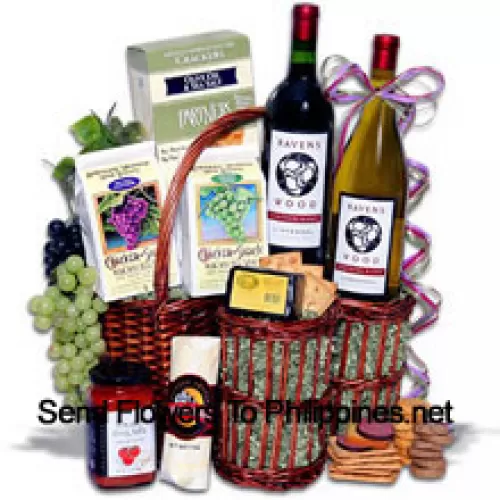 This Gift Basket Includes Chardonnay Vinters Blend by Ravenswood - 750 ml, Zinfandel Vinters Blend by Ravenswood - 750 ml, Partners Hors Doeuvre Deli Style Crackers, White Wine Biscuits by American Vintage, Red Wine Biscuits by American Vintage, Tomato Bruschetta by Elki, Butcher Wrapped Summer Sausage by Sparrer Sausage Company, Hickory and Maple Smoked Cheese by Sugarbush Farm. (Contents of basket including wine may vary by season and delivery location. In case of unavailability of a certain product we will substitute the same with a product of equal or higher value)