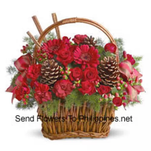 Spice up any winter occasion with this charming basket bouquet of miniature roses, carnations, gerberas, or similar festive blooms, designed in a basket with fresh evergreens, pinecones, and accents. Great for a thank you, Happy Holidays greeting, Chinese New Year wishes, or just because (Please Note That We Reserve The Right To Substitute Any Product With A Suitable Product Of Equal Value In Case Of Non-Availability Of A Certain Product)